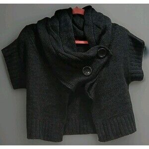 Y2K Grunge Derek Heart Cropped Knit Button Shawl Cardigan Sweater Gray L